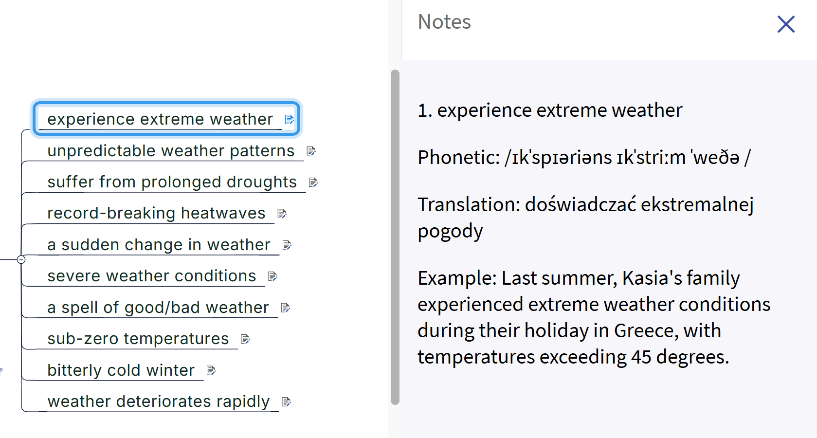 Mapa myśli interaktywna — notatki z wymową, tłumaczeniem i przykładem