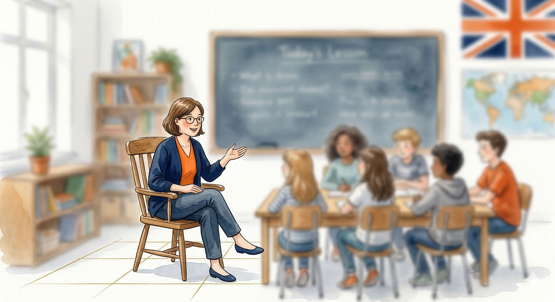 Nauczycielka na krześle w klasie — metafora czterech filarów książki Boost Your Matura