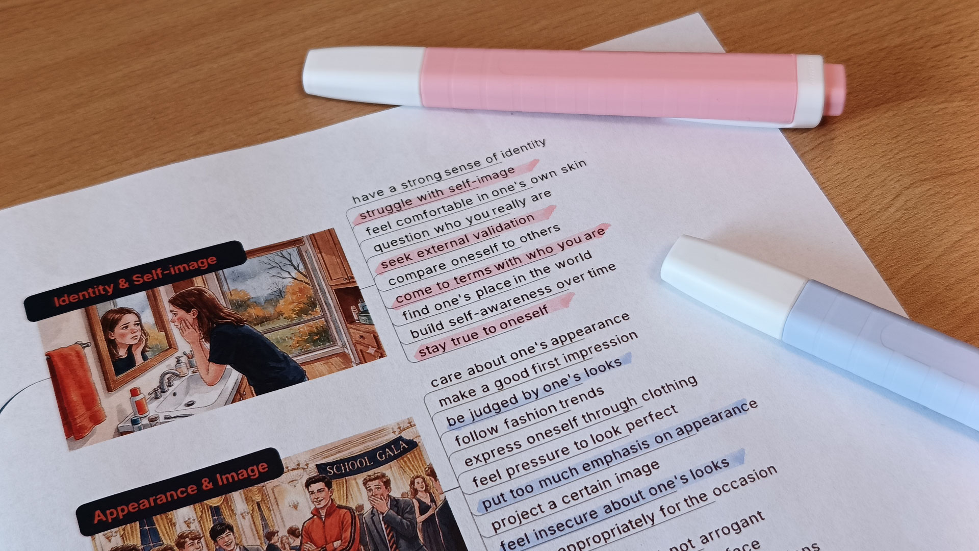 Mapa myśli — zbliżenie na wyrażenia z zakreślaczami