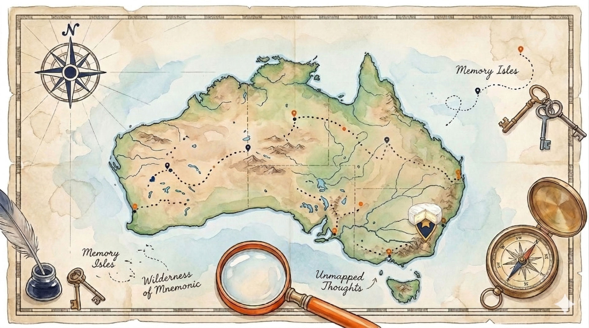 Retrieval Cues — mapa Australii z kluczami do pamięci